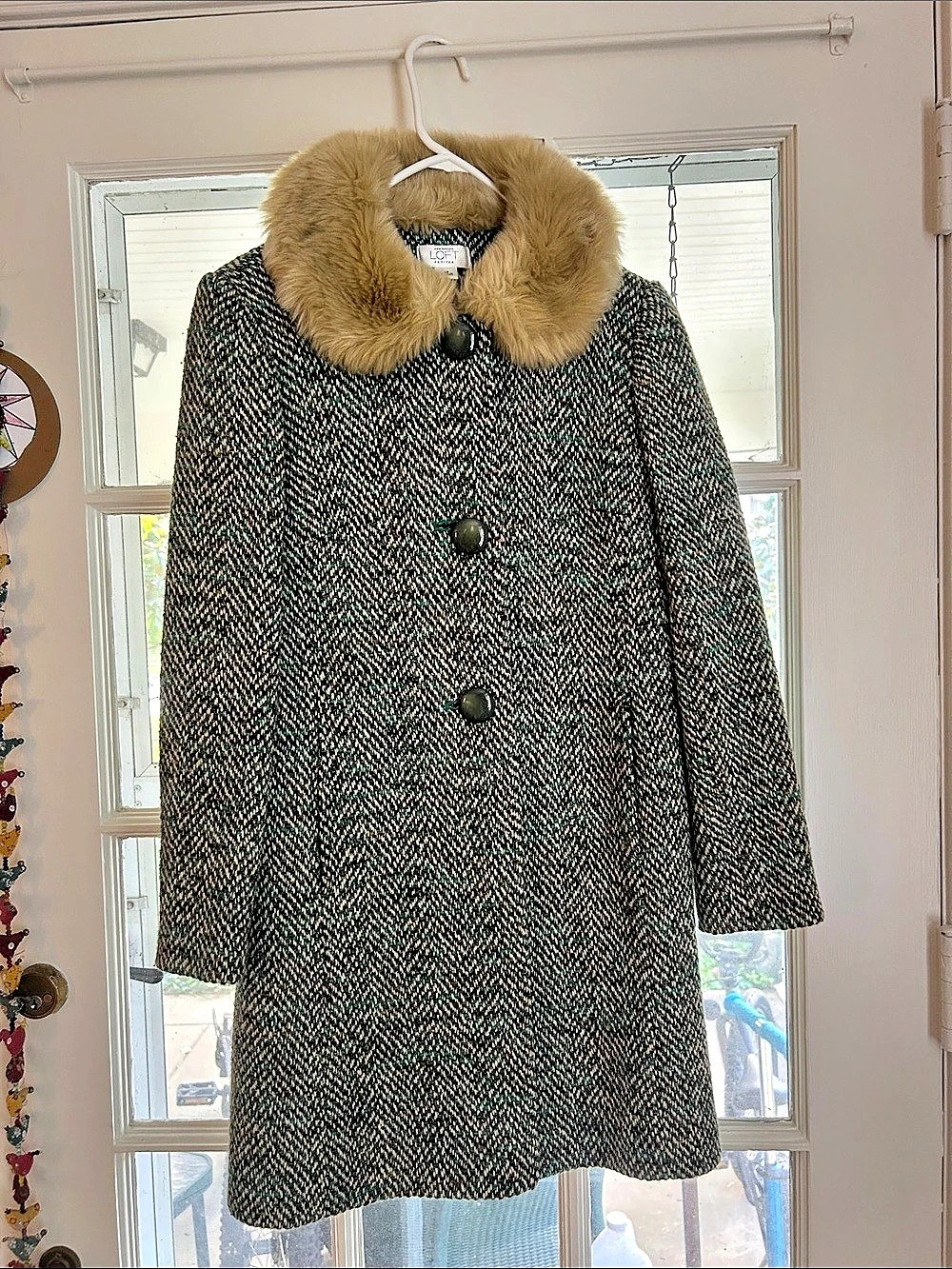 Apt. 9 Houndstooth Faux Fur Collar Coat in Black & Green Size Medium